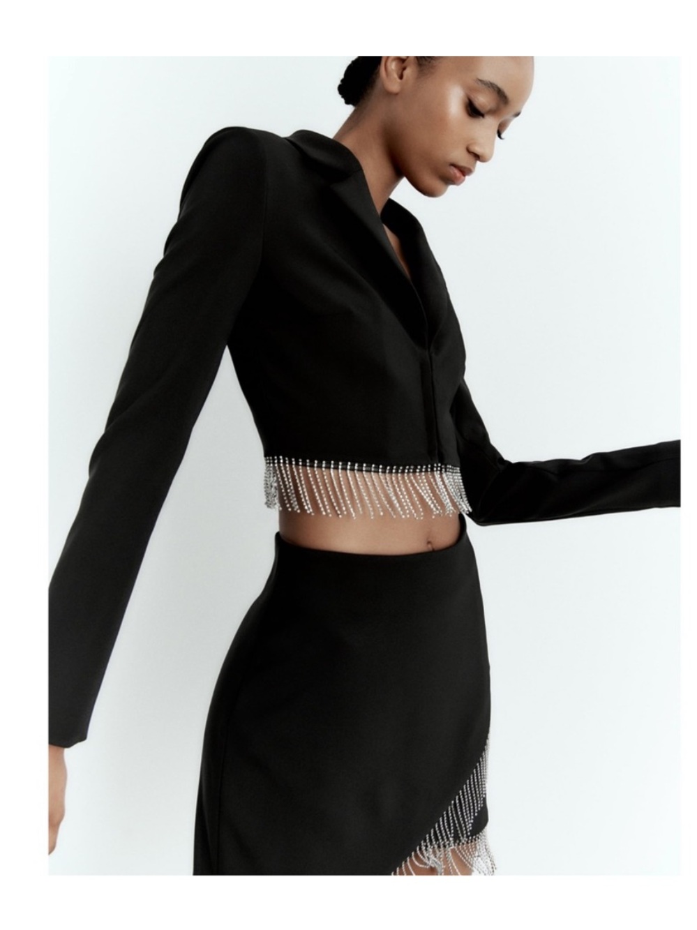 Zara black RHINESTONE FRINGE crop blazer/top sz. Small. *flaw, please read. - Picture 3 of 11
